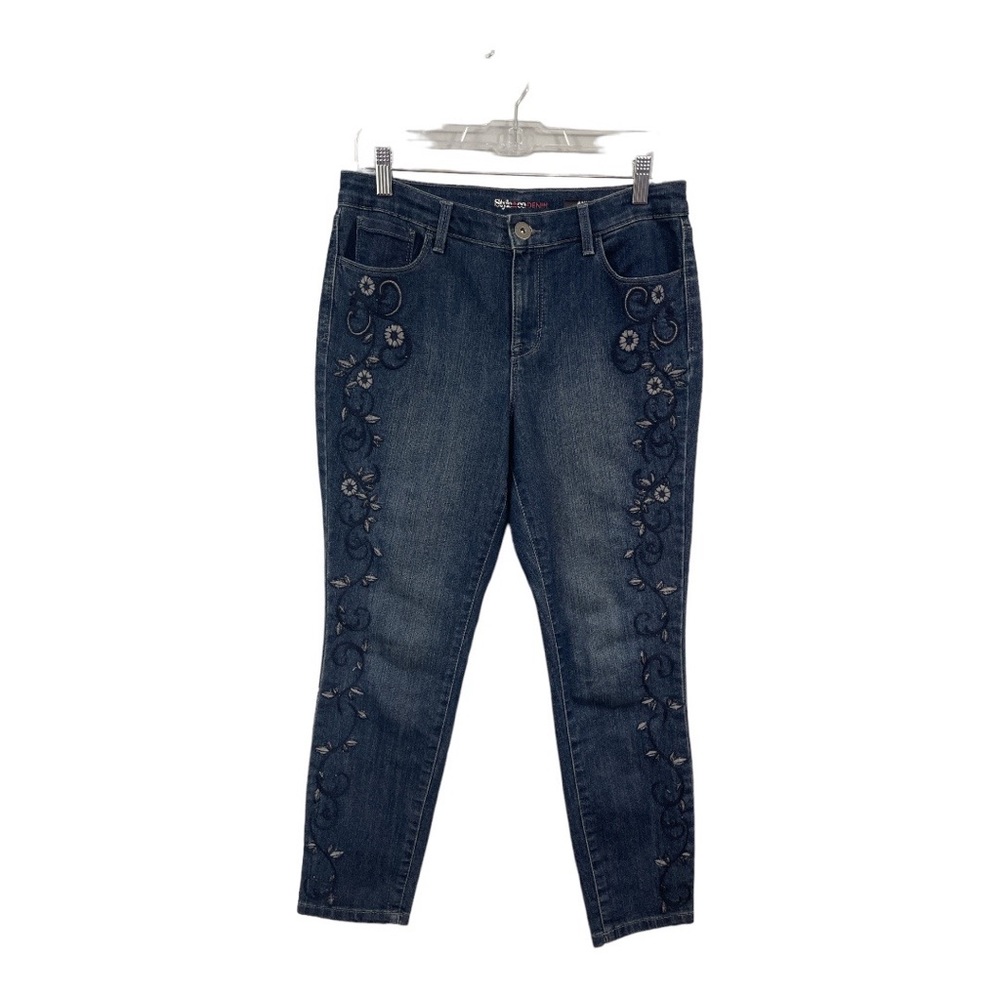 Style & Co. Women's Petite 10 10P Ankle Jeans Blue Stretchy Embroidered Floral